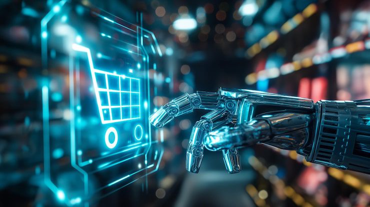 mano robotica haciendo clic icono holografico azul icono carrito compras tecnologia futurista com 11