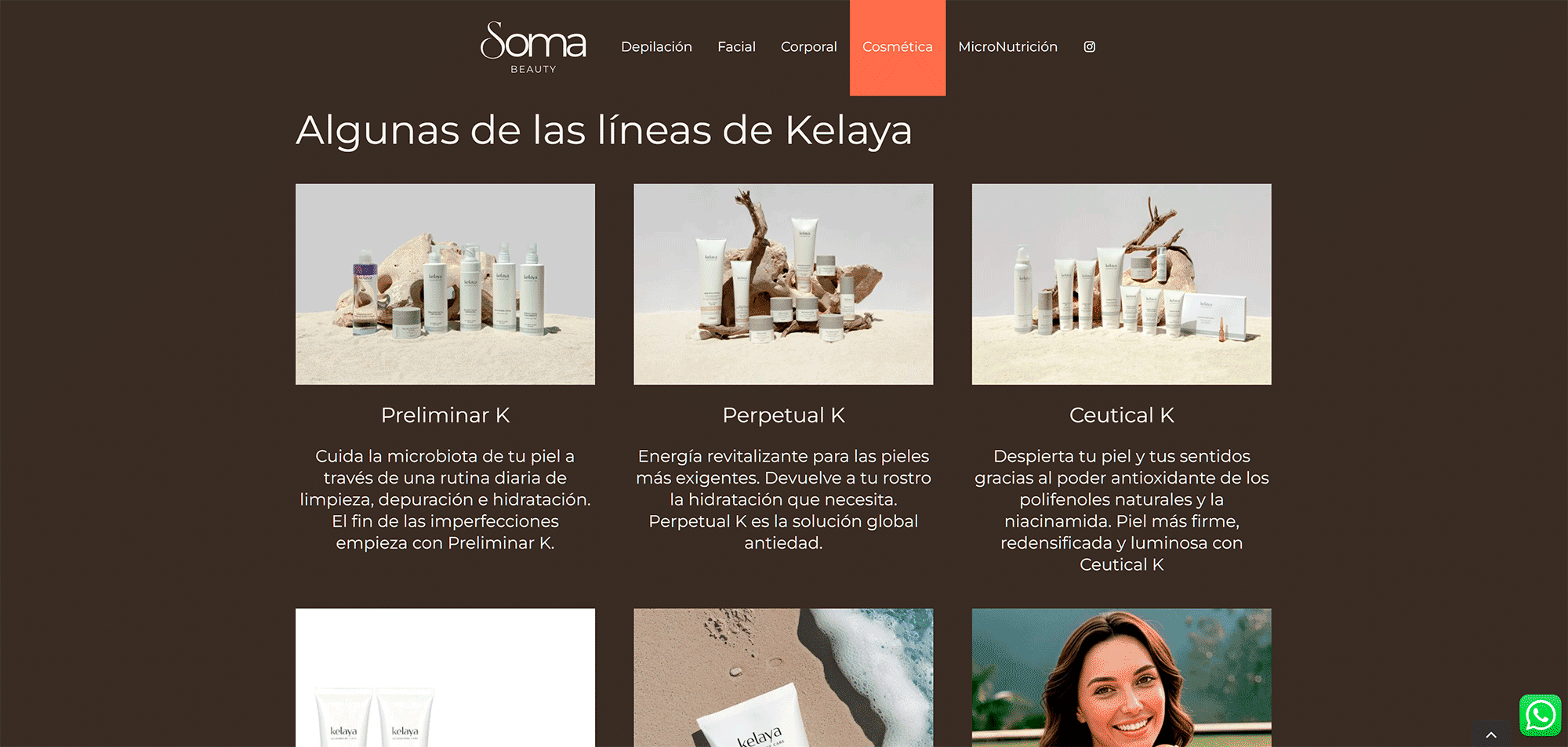 Sección de tratamientos y reserva online para Soma Beauty diseñada por Bilbolink